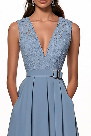 Blue Appliqued A Line Work Dress with Belt